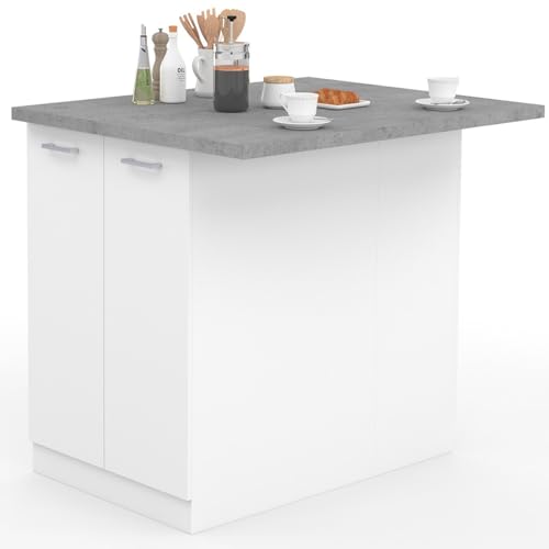IDMarket - Ilot Central IVO 100 cm Blanc avec Plan de Travail Effet béton