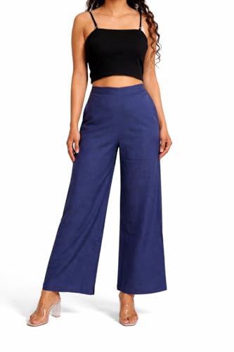 Image of Women Airy Linen Wide Leg Pants | High Waist Casual Summer Trousers | Lightweight Breathable Palazzo Pants BPWLCB01 PRT