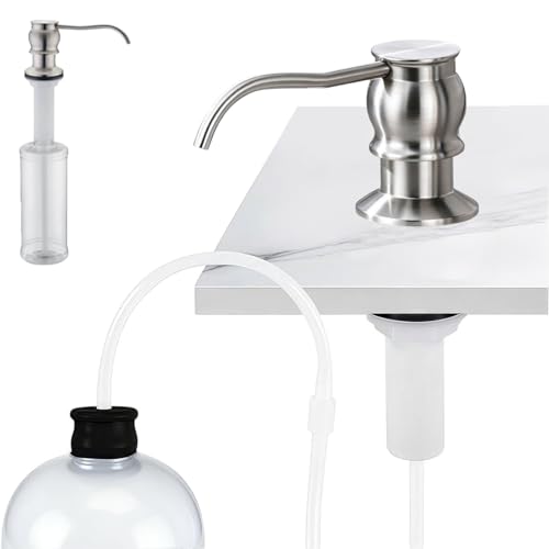 Image of Built in Deck Mount Liquid Lotion Kitchen Countertop Metal Soap Dispenser, Brushed Nickel Brass Dispenser Pump with 47.2 inch Silicone Long Tube for 0.79 inch- 1.38 inch High Capacity Bottle Mouths