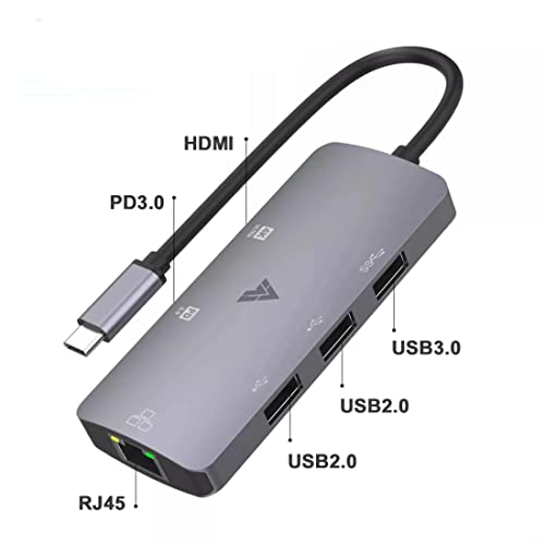 Image of Vaku Luxos USB Hub Type C Hexon 6IN1 multiport 3.0 High Speed Adapter connector (5GBPS) data transfer Converter Extension, 4K HDMI, Type C PD, RJ45 Ethernet docking station USB A Port Compatible with Macbook Air Pro (M1, M2 etc), iPad Pro Air, Laptop, and Other Type C Mobile & Devices