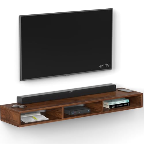 Image of BLUEWUD Primax Solo Standard Engineering Wood Wall Mount TV Entertainment Unit Set Top Box Stand /TV Cabinet Panel with Shelves for Books & Decor Display Unit, Ideal for 50 inch (Brown Maple)