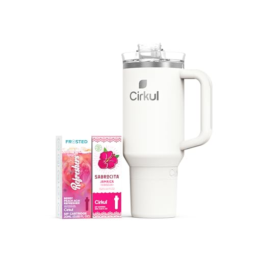 Cirkul Pearl All-Day StrawSipâ„¢ Tumbler Starter Kit - 40oz Cream Stainless Steel Tumbler, Flavor Cartridges Included (1 Frosted Refresher Berry Peach Acai, 1 Sabrocita Hibiscus) Zero Calories, No Sugar