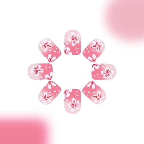 Image of Flower Press on Nails Spring Summer Fake Nails Pink Full Cover Glue on Nails with Glitter Design Floral Stick on Nails Reusable Artificial Acrylic Short Square False Nails for Women Manicure 24Pcs