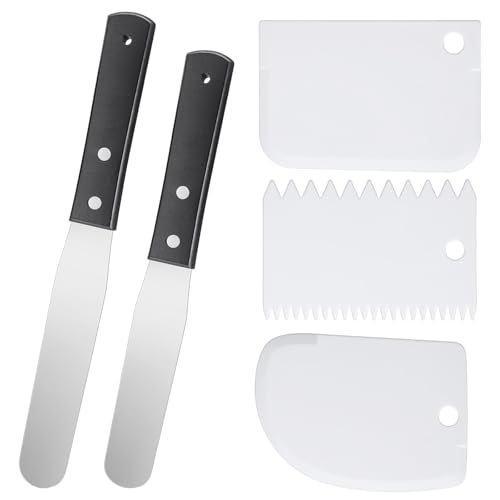 2 Offset Spatula and 3 Icing Smoother Scrapers Set Thickened Frosting Knife Stainless Steel Cake Decorating Kit Baking Accessories