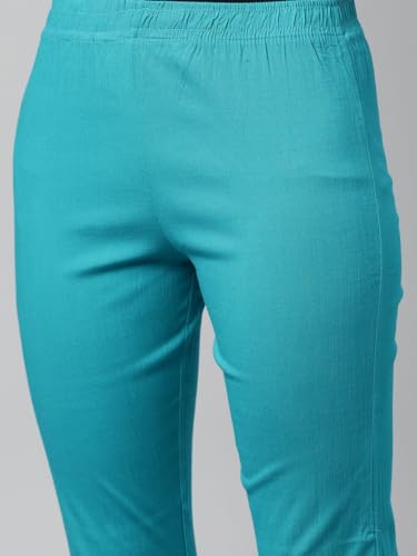 Image of MINELLI Women Solid Cigar Pants, Cotton Lycra Slub Fabric, Elasticated Waistband, Pull On Style, Regular Fit Bottom Wear for Western and Ethnic Wear