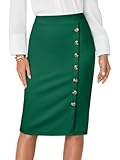 LYANER Women's Basic High Waist Pencil Bodycon Button Knee Length Straight Office Midi Skirt Dark Green Large