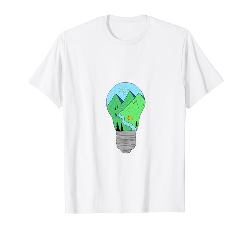Bombilla con montañas y tienda de campaña Camiseta