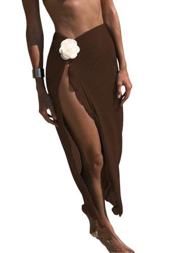 QJQ Women's Bathing Suit Cover Up Skirt 3D Floral Crochet Coverups High Slit Swimsuit Coverup Beach Skirts