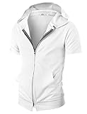 Ohoo Mens Comfortable Zip Up Hoodie Short Sleeve Lightweight Thin 100% Cotton Double Slide Zipper Jacket / DCF312-WHITE-XL
