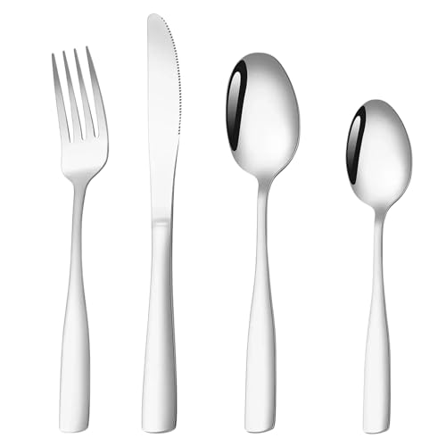 Image of aDai Sterling Silver Silverware Set, Satin Finish | 4-Piece Stainless Steel Flatware Set | Dishwasher Safe Kitchen Cutlery for Home, Restaurant & Gifting
