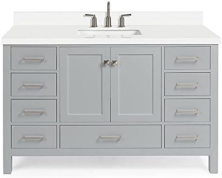 ARIEL 55" Inch Grey Bathroom Vanity w/ 1.5" Edge Pure White Quartz Countertop & Backsplash | Single Rectangular Sink | 2 Soft Closing Doors & 9 Full Extension Dovetail Drawers | Satin Nickel Pulls