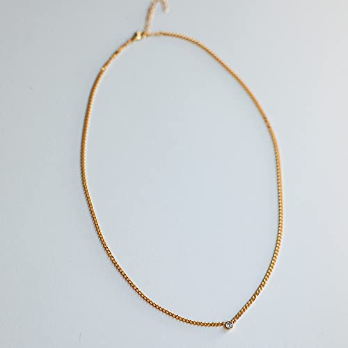 Blossom & Hue Cuban Cz Solitaire Necklace | Gold Plated | Flat Curb Link Chain | Single Bezel Set Cubic Zirconia Stone | 16.5" + 2'' #TOP6