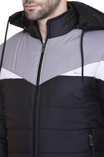 Image of Men's Navy Blue and Grey Hooded Puffer Jacket, Quilted, Zip Front