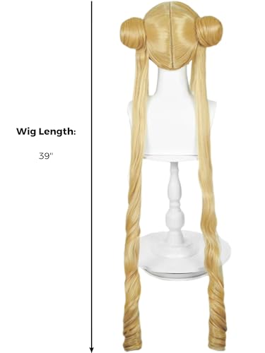 Image of Half and Half Long Blonde Anime Cosplay Wig with Bangs & Buns 39'' Blonde Curly Ponytail Wigs Cute Pigtails Costume Wig for Women Halloween Party