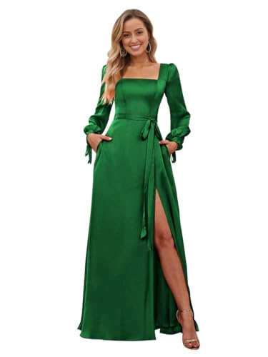 Elegant Bridesmaid Dresses for Women Square Neck Long Sleeve Slit A Line Corset Satin Long Sleeve Evening Gown