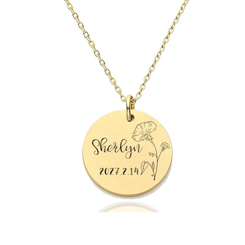 HUAN XUN Custom Birth Month Flower Sherlyn Necklace for Women 18K Gold Plated Stainless Steel Engraved Nameplate Necklace Personalized Floral Disc Pendant Adjustable Chain Jewelry Gifts for Mother