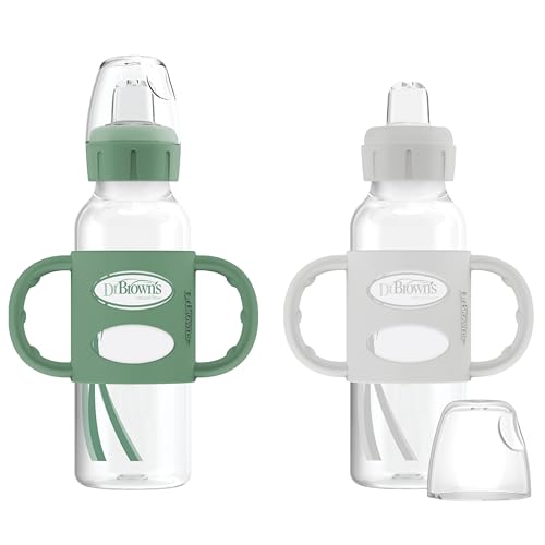 Image of Dr. Brown's Milestones Narrow Sippy Spout Bottle with 100% Silicone Handles, Easy-Grip Handles with Soft Sippy Spout, 8oz/250mL, Green & Gray, 2-Pack, 6m+
