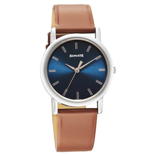Image of Sonata Classic Quartz Analog Blue Dial Brown Leather Strap Watch for Men-NS7987SL03W /NT7987SL03W