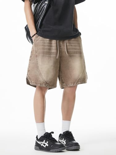 Men's Y2K Baggy Denim Shorts Loose Fit Vintage Harajuku Casual Jorts 2026 Summer Elastic Waist Alt Emo Streetwear (Light Brown,XX-Large) — view 2