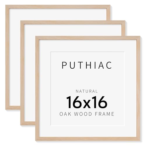 puthiac 16x16 Picture Frames for Wall - Minimalist 16x16 Oak Wood Frames, 16"x16" Picture Frame Wood, Natural Solid Wooden Picture Frames for Wall Art Photo and Prints(3 Pack, Beige)