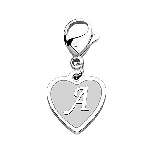 FAADBUK Initial Letter A-Z Alphabet Heart Charms for Jewelry Bracelet Keychain Necklace Initial Stainless steel Clasp Clip on Charm