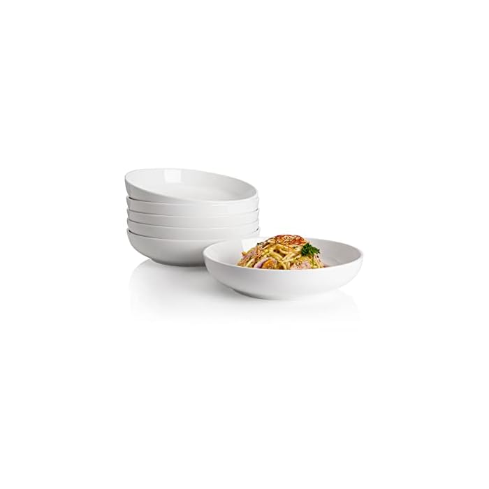 Sweese Pasta Bowls, 22 Ounce Salad White Serving Bowls Set of 6, 7.6 Inch Porcelain Plates, No. 112.001