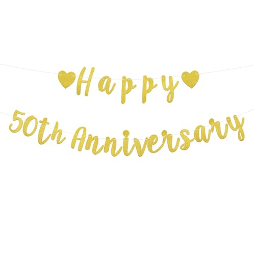 2stk Happy 50th Anniversary Banner, Vorgespanntes Glitzerndes Goldenes Banner zum 50 Hochzeitstag 50 Jahre Geliebtes Partygeschenk und Dekoration