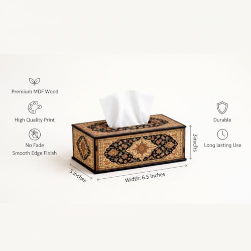 Image of Royal Beige Navy Persian Pattern Tissue Box Holder Decorative Wooden Tissue Box Cover for Dining Table & Living Room 6.5x5x3 Inch