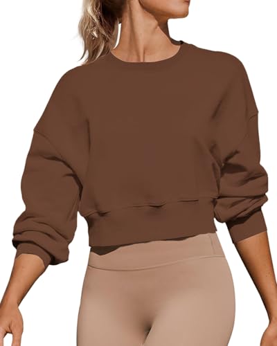 Image of Joywayco Women's Long Sleeve Round Neck Cropped Sweatshirts Cute Loose Fit Pullover Tops, Brown, XL