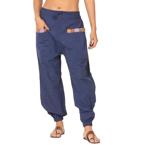 Mantra Vogue Men Women Cotton Linen Baggy Harem Drawstring Yoga Pants, One Size Casual Hippie Trousers with Pockets Dark Blue