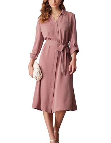 GRACE KARIN Women's Vintage Dress Elegant Midi Evening Dress 3/4 Sleeves Button Front Shirt Casual Dress Greyish Pink M