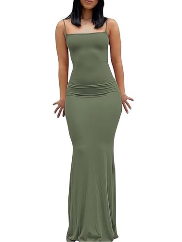Damen Sexy Casual Langes Kleid Elegant Ärmellos Rückenfrei Skinny Spaghetti-Träger Maxikleid(Grün-1,S)