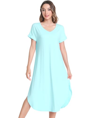 Image of NACHILA Nightgowns for Women-Viscose Made from Bamboo, V Neck Sleepshirts Short Sleeve Sleepwear Cool Nightshirt