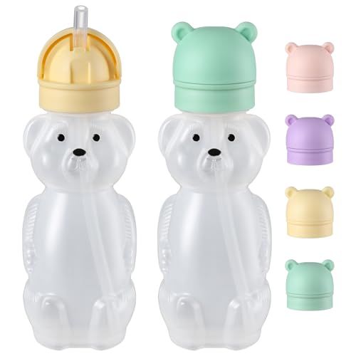 Image of Upgraded 2 Pack Honey Bear Straw Cups for Baby, Toddler - Flip Top, Spill-Proof & Anti-pullout & Pop-up Straw Design - 8 OZ Squeezable Transition Sippy Cup for Speech & Feeding Training, Yellow&Green