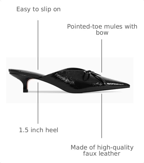 Image of Kitten Heels for Women Heeled Mules Stiletto Pumps Bow Closed Toe Pointed Toe Low Heel Slip on Fashion Metallic Backless Prom Party Dressy
