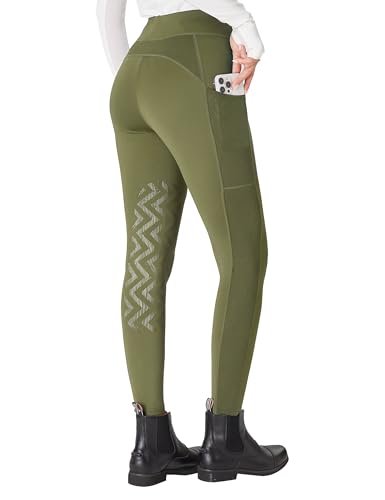 FitsT4 Sports Reithose Damen Reitleggings mit Rutschfestem Kniebesatz Hohem Bund und Seitentaschen Atmungsaktiv und Elastisch für Reitschule und Radfahren im Frühling Sommer