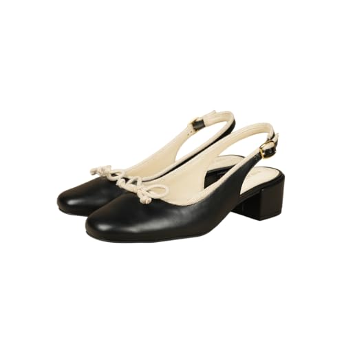 Theater Women Doris Black Slingback Block Heels | Bow Detail Round Toe Sandals | Stylish & Comfortable for Casual, Office & Semi-Formal Wear