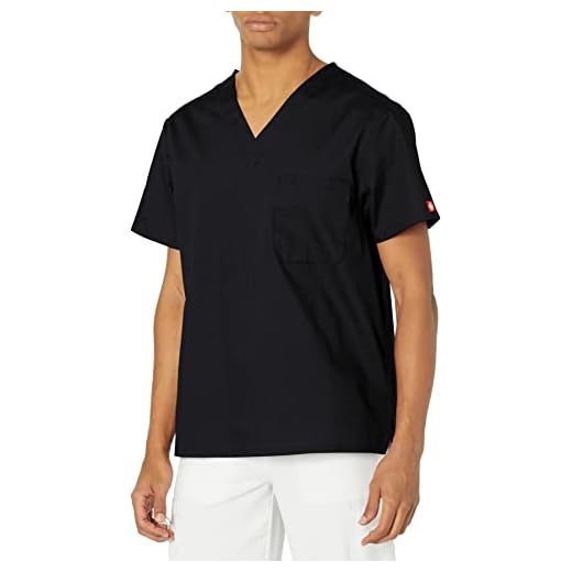 Dickies Men's Signature V-Neck Scrubs Shirt, Black, Large