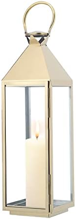 INMOZATA Decorative Lantern Stainless Steel Candle Lantern Glass Garden Lantern Tealight Holder for Wedding Indoor Outdoor Gold (15x15x40cm)
