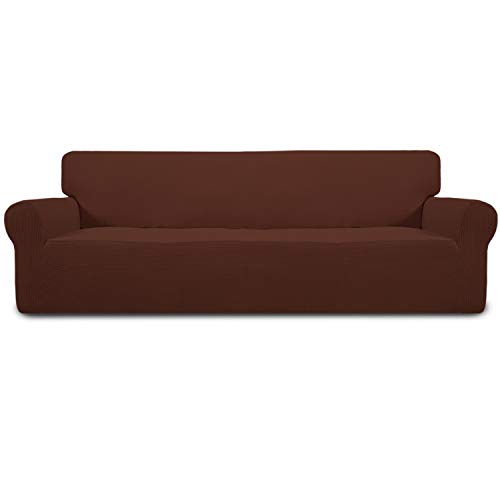 Image of Easy-Going Stretch 4 Seater Sofa Slipcover 1-Piece Sofa Cover Furniture Protector Couch Soft with Elastic Bottom for Kids, Polyester Spandex Jacquard Fabric Small Checks Coffee