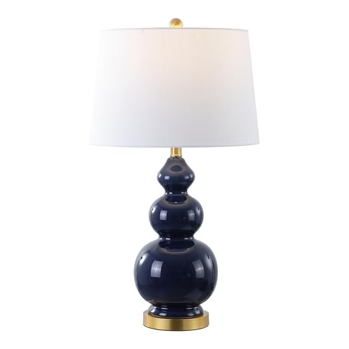 JONATHAN Y 27.5" Navy/Brass Gold Modern Ceramic Gourd Table Lamp for Living Room, Large Bedside Nightstand Lamp for Bedroom, White Linen Drum Shade, LED Bulb Included (JYL4023B)