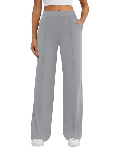 DLOODA Womens Dress Work Pants Business Casual Slacks Stretchy Wide Leg Trousers with Pockets High Waist Pull On Light Grey