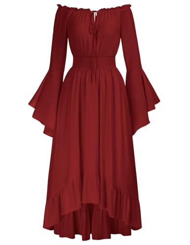 Damen Renaissance Corsagenkleid Schulterfrei mit Taschen A-Linie Rüschenkleid Rot L