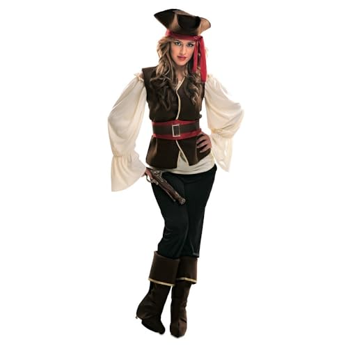 My Other Me   Disfraz para mujer adulto de Pirata con sombrero, camisa, chaleco, cinturón, pantalón y cubrebotas en colores marrón y blanco talla ML. Perfecto para conquistar los siete mares