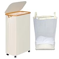 efluky Wasmand met wielen, 75L opvouwbare wasmand met deksel, roze slanke wasmand met bamboe handgrepen en afneembare zak voor slaapkamer, badkamer, wasruimte