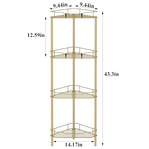 4 Tier Floor Standing Corner Shower Caddy Organizer Shelf with Hooks, Bathroom Shelves Stand Rack, Gold