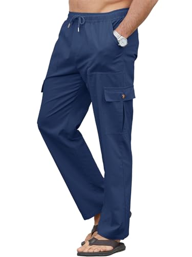 Pantalon homme lin léger cargo baggy décontracté avec cordon été