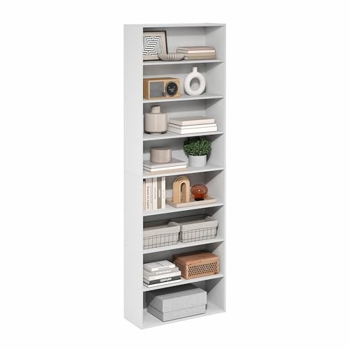 Image of Furinno Basic Book Shelf, 8-Tier Bookcase with Open Shelf, Standing Bookshelf, Cube Storage Organizer, 9 x 24 x 71, for Living Room, Bedroom, Home Office, White