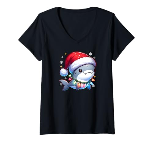 Mujer Tiburón lindo en sombrero de Papá Noel con luces de Navidad Camiseta Cuello V