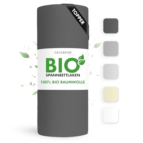 Jacobson Bio Spannbettlaken Topper 200x220cm Baumwolle Spannbettlaken, GOTS zertifiziertes Bettlaken, 160g/m² Jersey Spannbetttuch (Topper 200x220, Anthrazit)